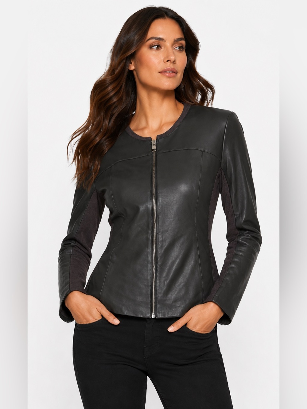 Soia & Kyo Sianne Lambskin Leather Moto Jacket Dark Taupe Rib Knit Size Small